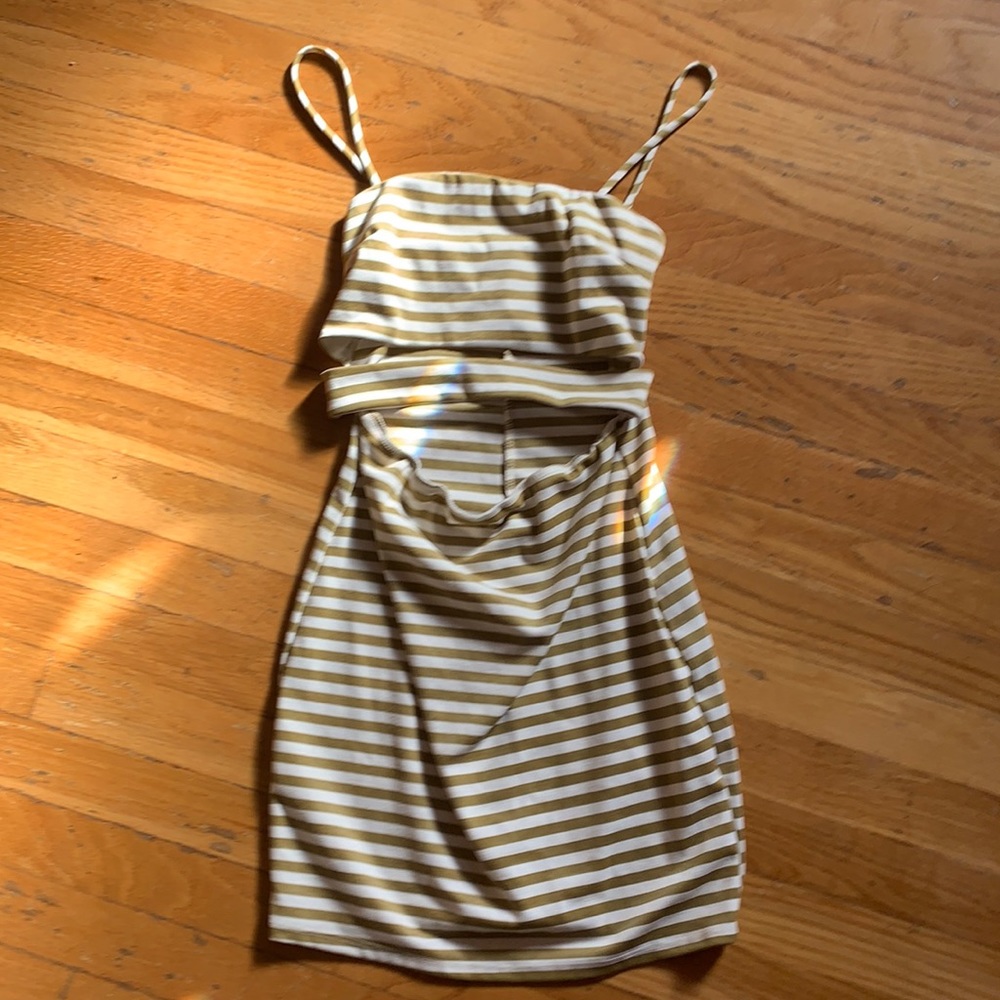 Tan nude white striped cutout bodycon dress NWOT